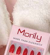 Morily Short Fake Press on Nails Almond with Designs, Hot Pink Acrylic Thick Stick on False Nail ...