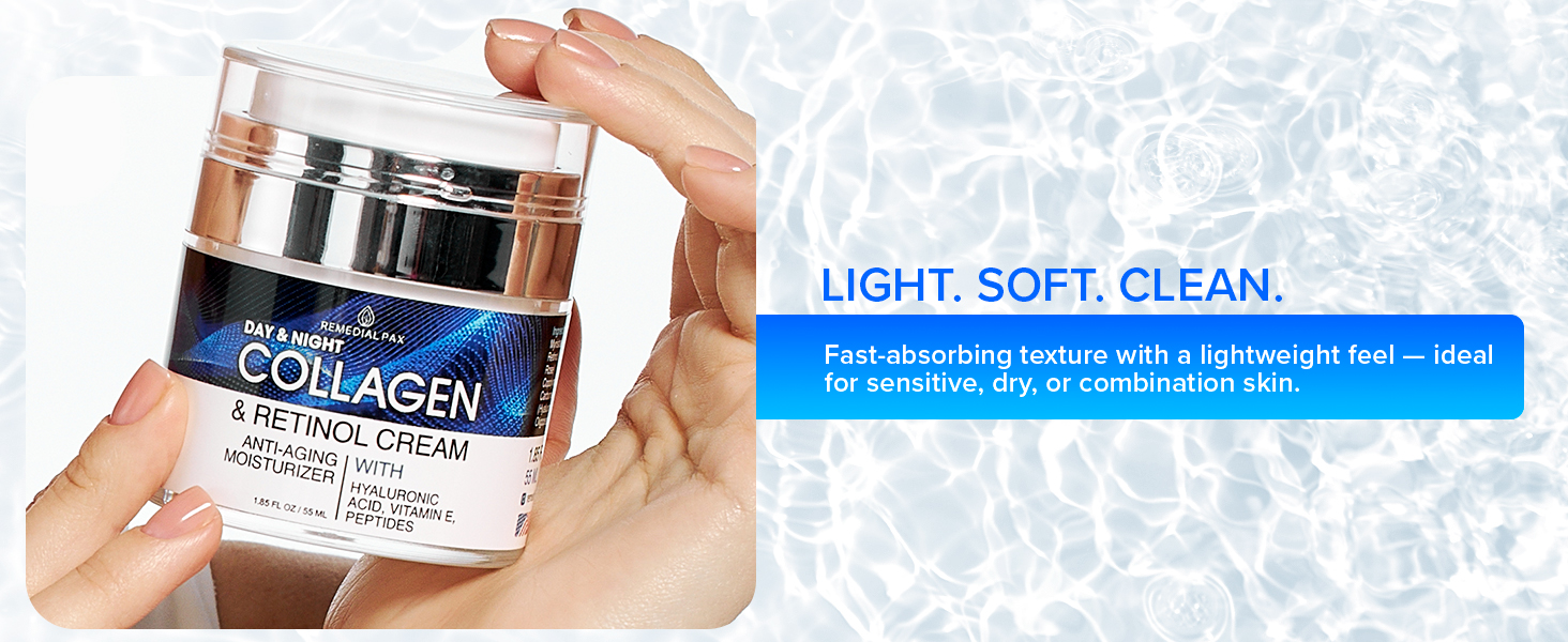 Collagen retinol face moisturizer with hyaluronic acid vitamin E peptides lightweight texture