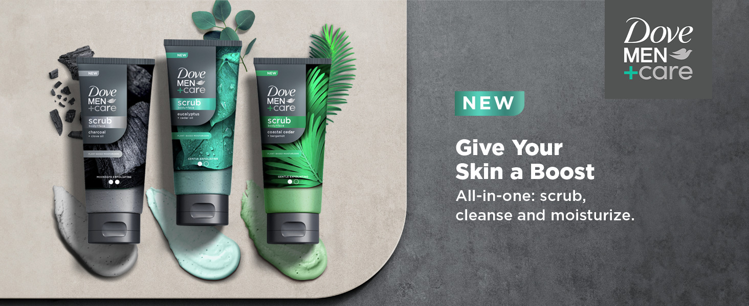 Lineup of three Dove Men+Care scrub tubes with different shades of products spread on surface.