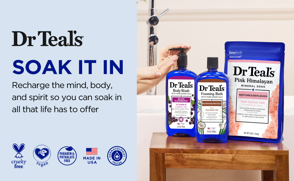 Various Dr. Teals bath products on a table