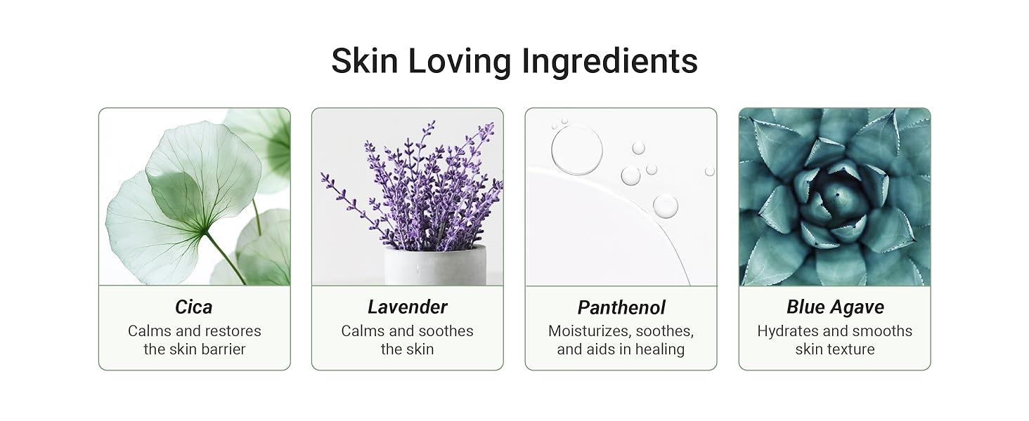 skin loving ingredients cica lavendar panthenol blue agave