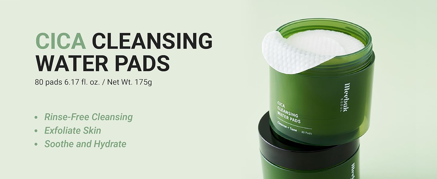 cica cleansing water pads. rinse-free cleansing exfoliate skin soothe and hydrate