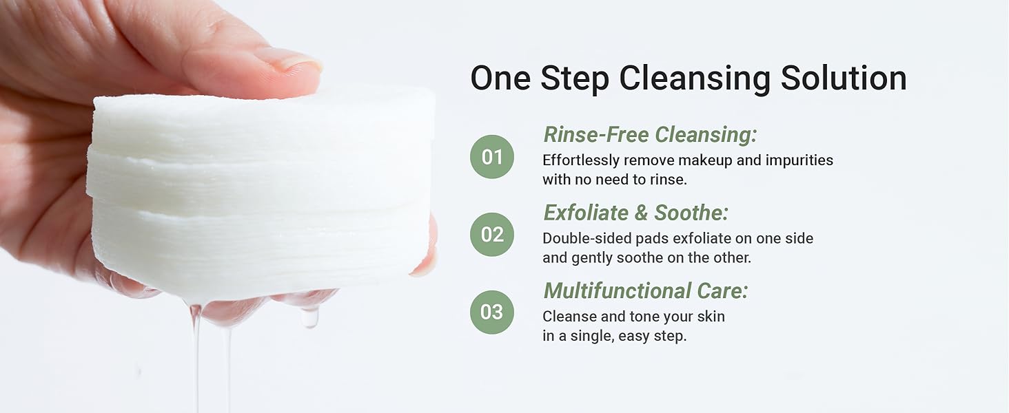 one step cleansing solution. rinse-free cleansing. exfoliate & soothe. multifunctional care.