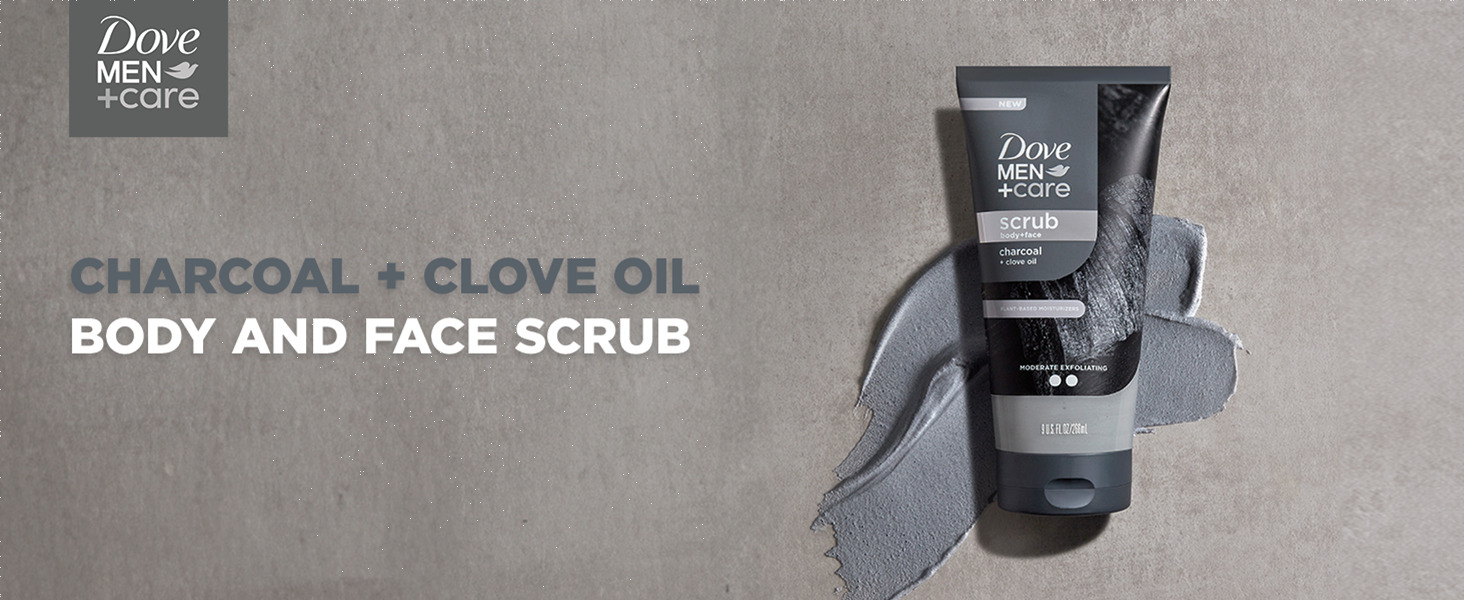 Dove Men+Care Charcoal + Clove oil body and face scrub tube with product spread on gray background.