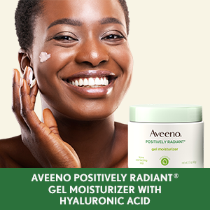 Woman applying Aveeno Positively Radiant Gel Facial Moisturizer with hydrating hyaluronic acid