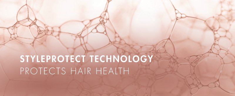 Abstract molecules on gold rose background. Text about Styleprotect Technology.