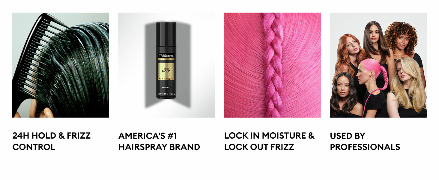 Comb through wet hair, hairspray bottle, pink braid closeup and diverse women with bold styles.