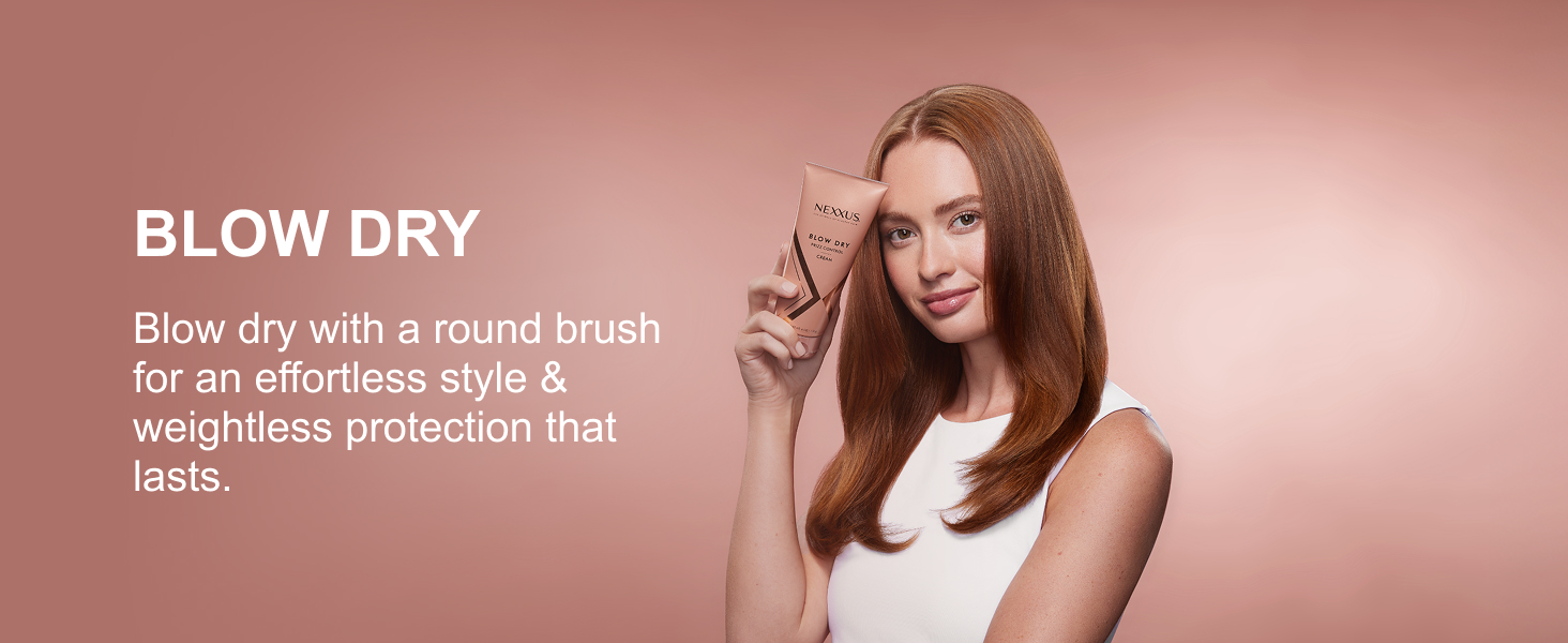 Woman with healthy-looking hair holding a Blow Dry bottle. Next, text about Blow Dry benefits.