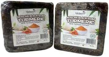 Aleheri’s 100% Raw African Black Soap Bar w/Shea Butter & Turmeric Extract (16 oz) – Clarifying/Moisturizing – Black Soap for Dark Spots, Acne, Eczema & Stretch Marks – All Skin Types - MULTIPACK (2)