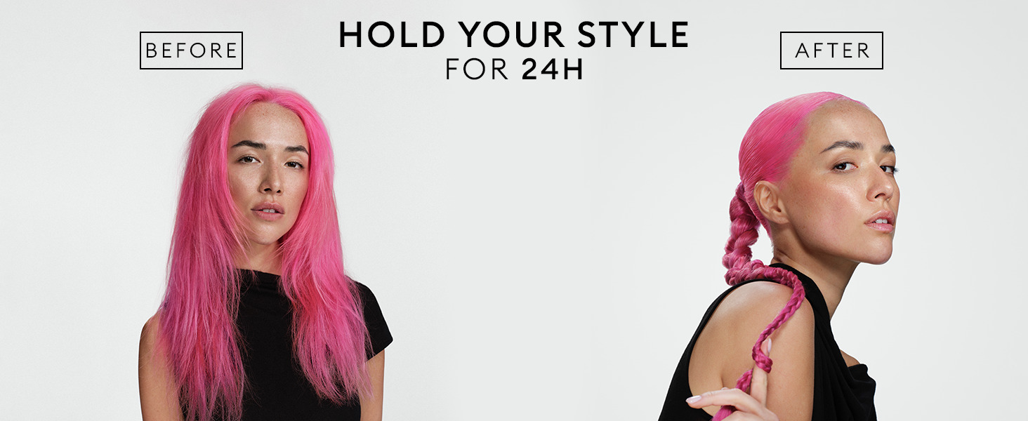 Model with pink hair, loose on the left and braided on the right, against a white backdrop.