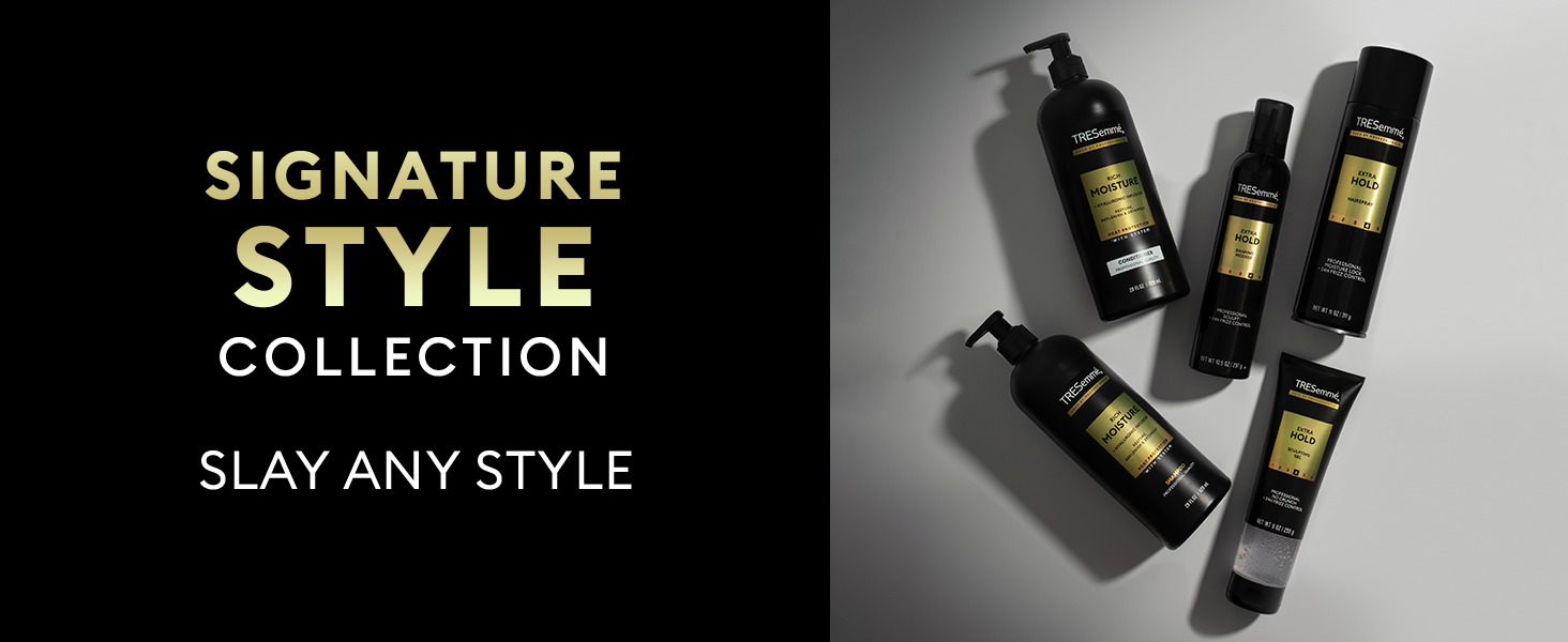 Five black TRESemmé Signature Style bottles with gold labels are shown on the right.
