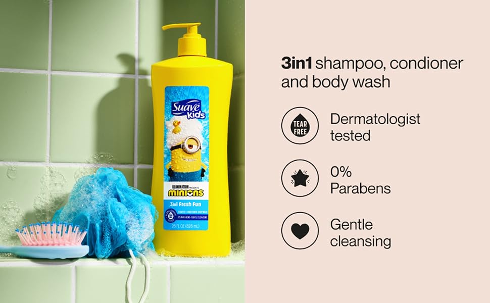Suave Kids Minions 3-in-1, text: Shampoo, conditioner & body wash, gentle & dermatologist-tested.
