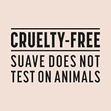 Text graphic reading 'Cruelty-Free - Suave Does Not Test on Animals' on a light pink background.