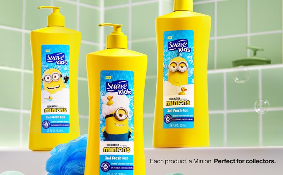 Three Suave Minions Fresh Fun bottles with bubble bath Minion visuals, fun for kids & collectors.