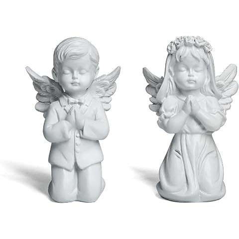 YUEOECOR 2PCS Cherubs Angels Resin Garden Statue Figurine, Adorable Angel Sculpture Memorial Statue Indoor Outdoor Home Garden Decoration (A 2PCS White)