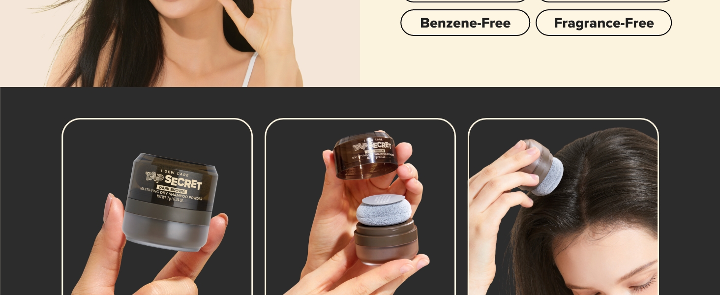 I DEW CARE Tap Secret Black mattifying dry shampoo powder, ginseng, biotin, scalp, health, hair