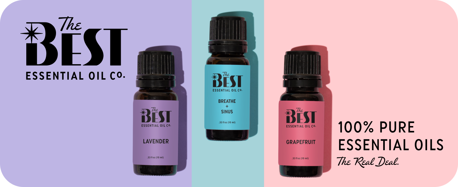 The Best Essential Oil Co. trio featuring Lavender, Breathe + Sinus, Grapefruit—100% pure oils