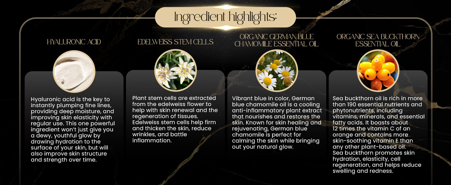 hyaluronic acid edelweiss stem cells organic german blue chamomile essential oil sea buckthorn