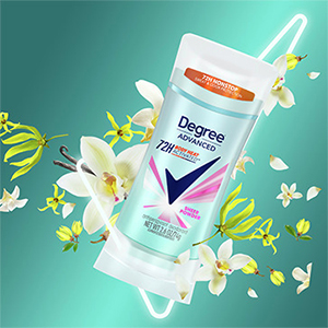 Close-up of Degree Advance Protection Antiperspirant Deodorant inside neon checkmark.