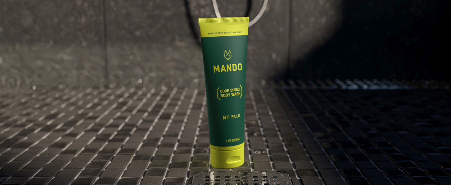 MANDO Odor Shield Body Wash in Mt Fuji on shower tiles
