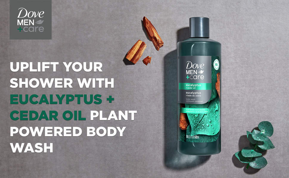 Body wash bottle with pieces of cedar wood and eucalyptus on grey 