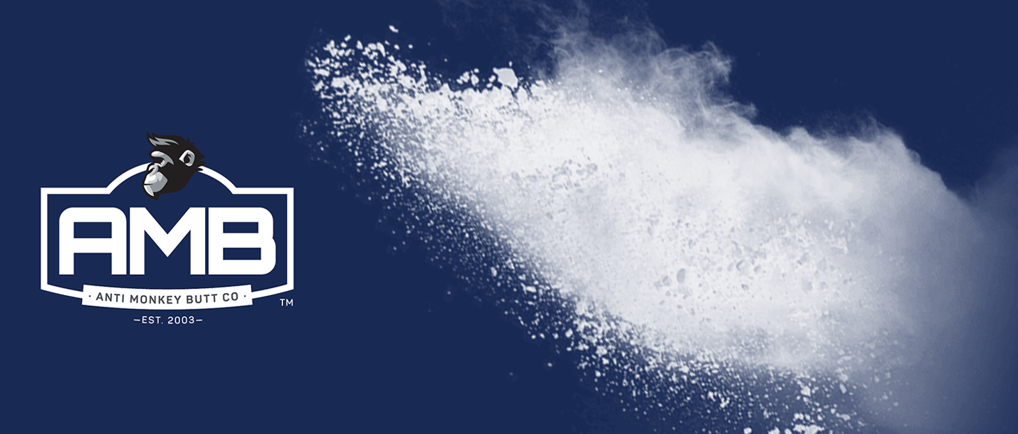 anti monkey butt logo on blue background with powder