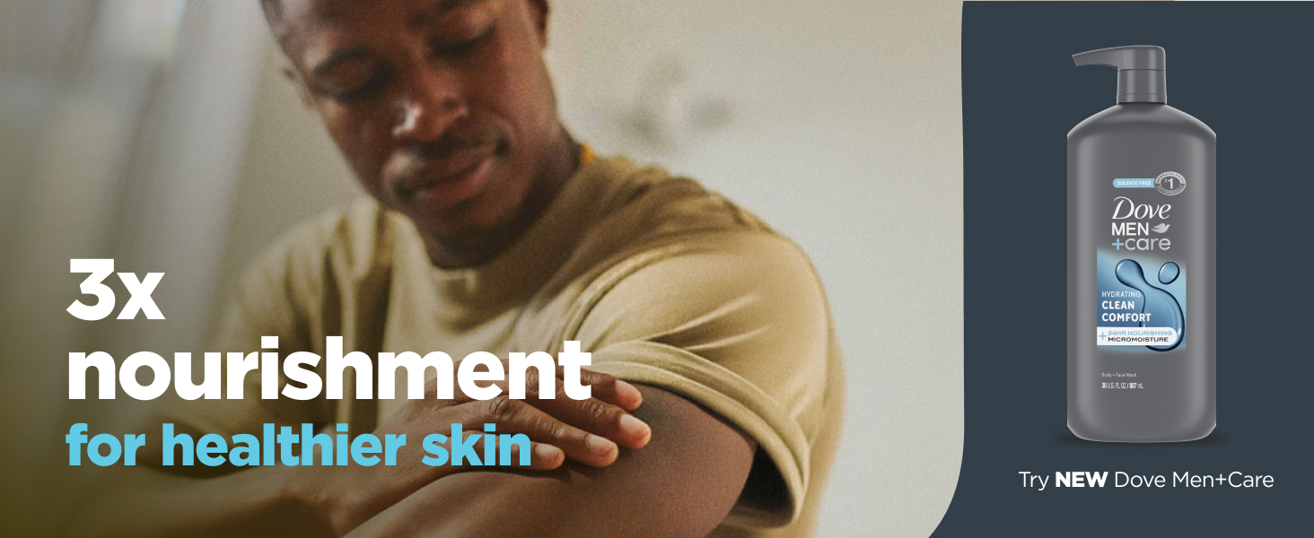 A man touches his arm, with Dove Men+Care Body Wash on a dark background.