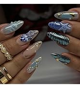 LBPEPAMZ 24Pcs Ocean Press on Nails Medium Almond Fake Nails with 3D Pearl Gold Shell Starfish De...