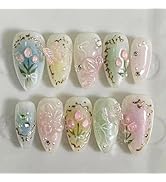 LBPEPAMZ Colorful Press on Nails Medium Almond Fake Nails with 3D Flower Butterfly Designs Muti C...
