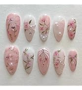 Peach Blossom Press on Nails Short Medium Almond Fake Nails with 3D Pearl Diamond Designs Pink Fl...