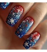 LBPEPAMZ 24Pcs Independent Day Press on Nails Medium Square Fake Nails 4th of July Colorful Ombre...
