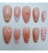 LBPEPAMZ 24Pcs Pink Press on Nails Medium Almond Fake Nails with 3D Gold Frame Flower Beads Rhine...
