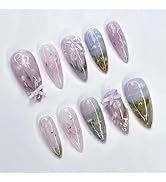 Flower Press on Nails Medium Almond Fake Nails Colorful Spring Floral False Nails with 3D Pearl B...