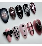 LBPEPAMZ 24Pcs Spicy Press on Nails Medium Almond Fake Nails with 3D Heart Star Pearl Rhinestones...