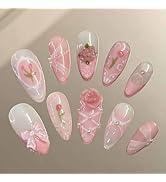 LBPEPAMZ 24Pcs Pink Press on Nails Medium Almond Fake Nails with 3D Rose Bow Pearl Rhinestones De...