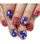 24Pcs Independent Day Press on Nails Short Square Fake Nails Frosted Red Blue Color Irregular Str...