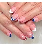 LBPEPAMZ 24Pcs Independent Day Press on Nails 4th of July Short Almond Fake Nails with White Star...