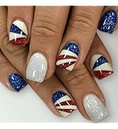 LBPEPAMZ 24Pcs Independent Day Press on Nails 4th of July Short Square Fake Nails with Red Blue A...
