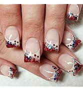 24Pcs Independent Day Press on Nails 4th of July Short Square Fake Nails with Glitter Star Design...