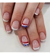 24Pcs Independence Day Press On Nails 4th of July Short Square Fake Nails with American Flag Patr...