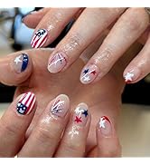 LBPEPAMZ 24Pcs Independent Day Press on Nails Short Almond Fake Nails with Glitter Colorful Firew...