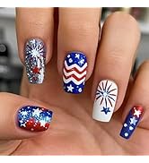 LBPEPAMZ 24Pcs Independent Day Press on Nails Medium Square Fake Nails with Colorful Firework Des...