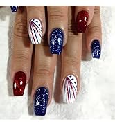 LBPEPAMZ 24Pcs Independent Day Press on Nails 4th of July Medium Square Coffin Fake Nails Red Blu...