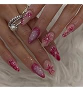 LBPEPAMZ 24Pcs Flower Press on Nails Medium Almond Fake Nails with 3D Spring Floral Rhinestones D...