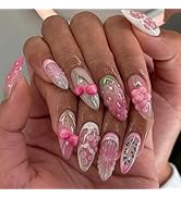 LBPEPAMZ 24Pcs Cherry Press on Nails Medium Almond Fake Nails with 3D Water Drop Grape Orange Des...