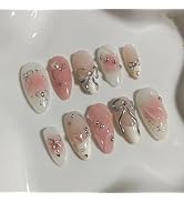 LBPEPAMZ Pink Press on Nails Medium Almond Fake Nails with 3D Silver Bow Bead Pearl Designs White...