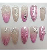 LBPEPAMZ 24Pcs Pink Gradient Press on Nails Medium Almond Fake Nails with 3D Pearl Star Shape Rhi...