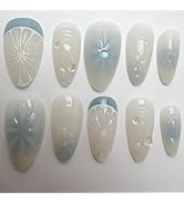 LBPEPAMZ 24Pcs Bow Press on Nails Medium Almond Fake Nails with 3D Rhinestones Fruit Flower Desig...