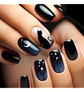Moon and Stars Press on Nails With Dark Night Design Short Square False Nails 24 Pcs Glossy Black...