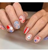 LBPEPAMZ 24Pcs 4th of July Press on Nails Independent Day Short Round Fake Nails Colorful Flower ...